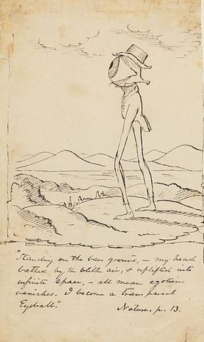 A creature walks along a barren landscape; the creature has two long longs leading up to a small body on which sits a singular large eyeball roughly the same size as the body; it wears a suit and top hat