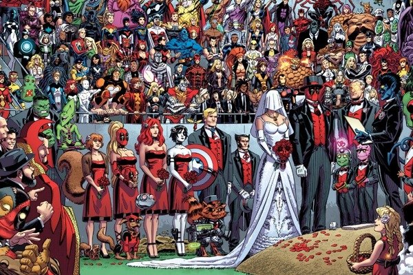 Deadpool stands at the baseball mound with his bride who has her face covered getting married by the Beast; the stands and the pitch are filled with various Marvel characters