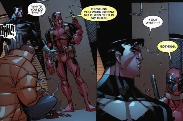 Deadpool and Punisher stand talking to each other against a wall in front of a man sat cross legged with his head hanging and a pool of blood around him; Punisher says "Why'd you do that?" to which Deadpool replies "Because you were gonna do it and this is my book.", "Your what--?" "Nothing."